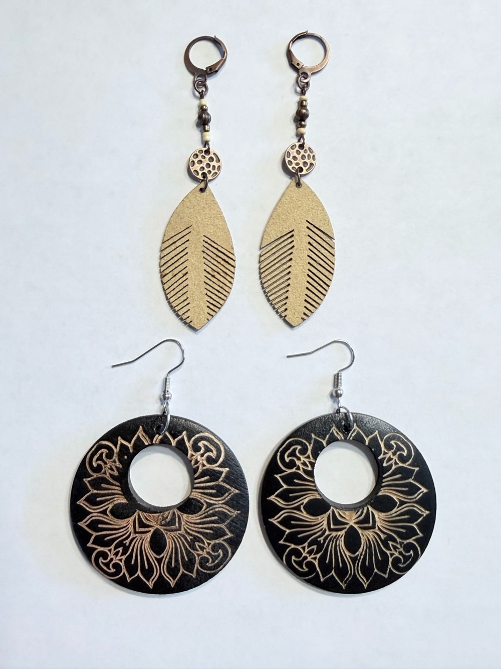 2 Pair Dangle Earrings Boho Suede Leaf And Wood Mandala Etched Design